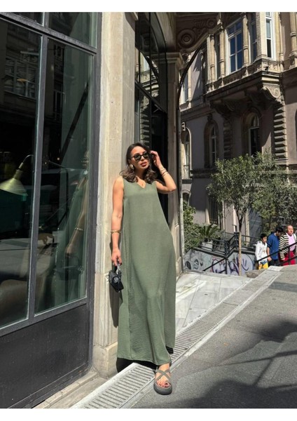 Haki Maxi Boy Keten Görünümlü Elbise fiyatları