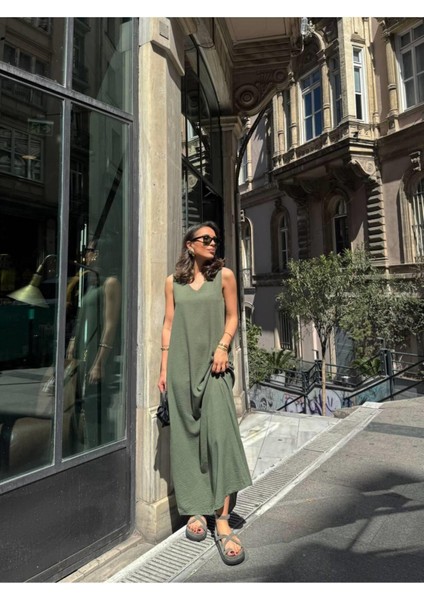 Haki Maxi Boy Keten Görünümlü Elbise modelleri
