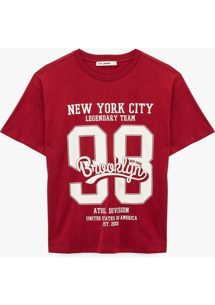 Kısa Kollu Bisiklet Yaka Pamuklu Oversize Kolej Baskılı Tişört