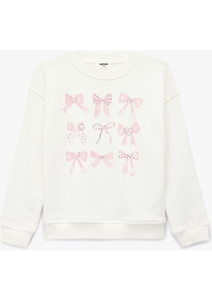 Uzun Kollu Bisiklet Yaka Fiyonk Baskılı Pamuklu Oversize Sweatshirt