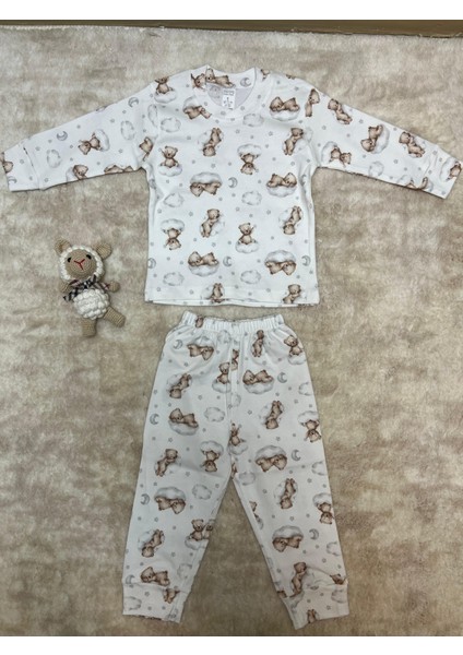 Krem Renkli Ayıcık Desenli 2’li Bebek Takımı – Uzun Kollu Üst ve Pantolon | %100 Pamuk Yumuşak Kumaş