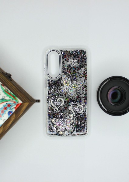 Samsung Galaxy S25 Edge Kılıf Kelebek Desenli Parlak Simli Kapak