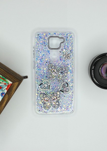 Xiaomi Redmi Note 9 Kılıf Kelebek Desenli Parlak Simli Kapak