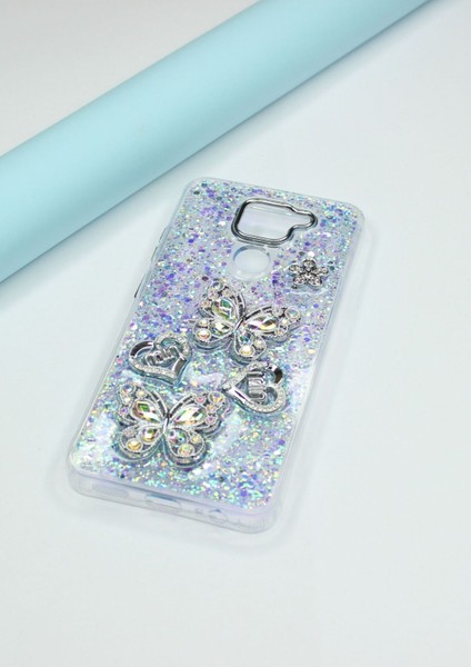 Xiaomi Redmi Note 9 Kılıf Kelebek Desenli Parlak Simli Kapak modelleri