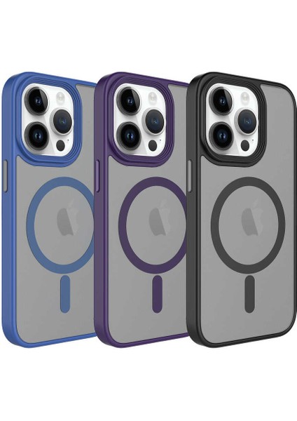 iPhone 14 Pro Max Kılıf Mat Arka Yüzey Wireless Şarj Özellikli Zore Flet M-Safe Kapak - Mavi modelleri