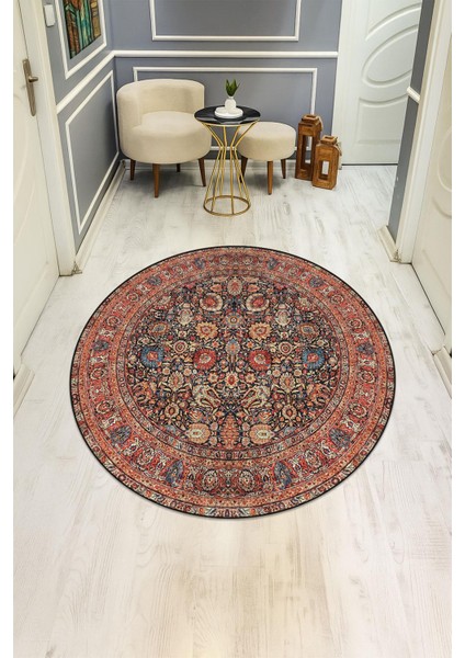 Vintage Desenli Yuvarlak Dijital Baskı Kaymaz Tabanlı Halı H0365