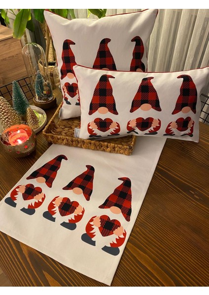 H1265 3lü Gnom Kırlent Runner 3lü Kombin Set