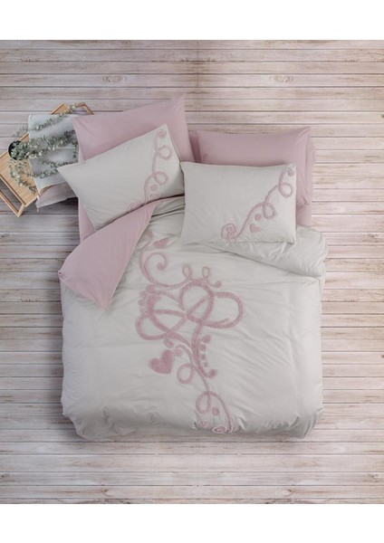 Puff Nakışlı Ranforce Çift Kişilik Anneler Günü Nev Takımı Bellini Pembe