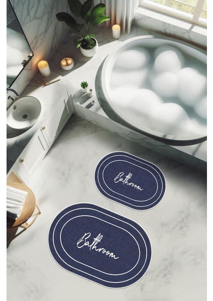 Yıkanabilir Kaymaz Tabanlı Modern Desenli 2'li Banyo Paspas Takımı OBPS0005