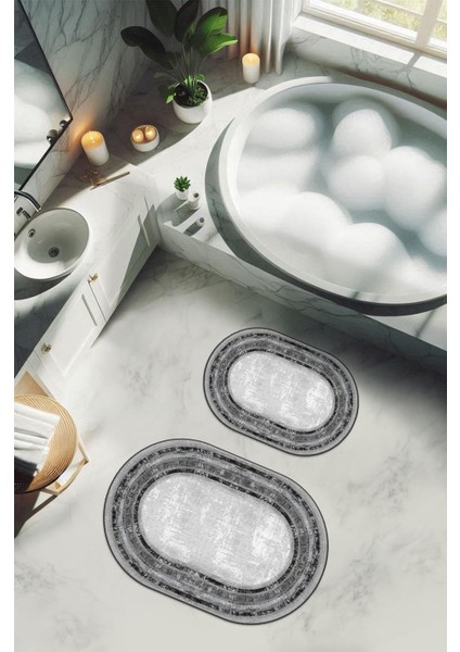 Yıkanabilir Kaymaz Tabanlı Modern Desenli 2'li Banyo Paspas Takımı OBPS0012