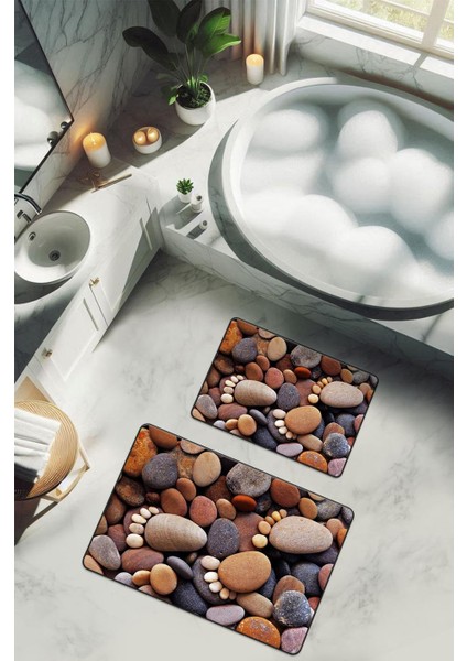 Yıkanabilir Kaymaz Tabanlı Modern Desenli 2'li Banyo Paspas Takımı BPS0005