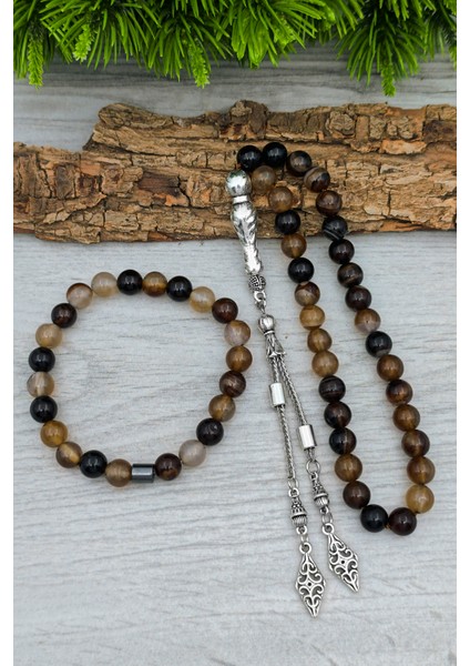 Erkek Doğal Taş Tesbih ve Bileklik Set Kahverengi Akik 8 mm BT055