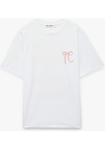 Kısa Kollu Bisiklet Yaka Pamuklu Fiyonklu Arkası Baskılı Oversize Tişört