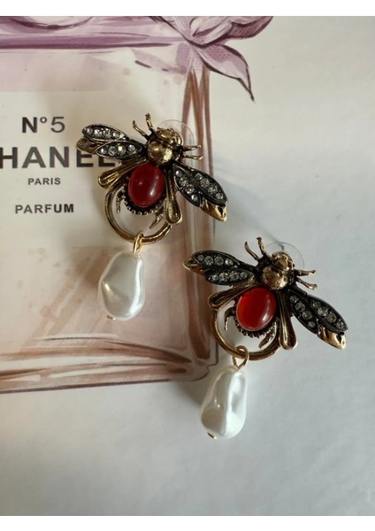 Vip Tasarım Inci Sallantılı Kırmızı Marka Model Arı Küpe