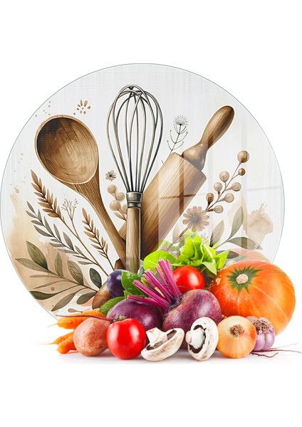Cam Kesme Tahtası ve Sunumluk Yuvarlak Kitchenware Desenli 30 x 30 cm