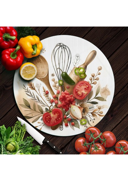 Cam Kesme Tahtası ve Sunumluk Yuvarlak Kitchenware Desenli 30 x 30 cm modelleri