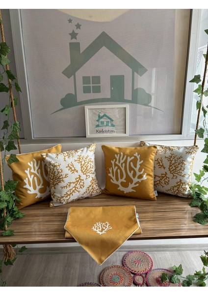 E128-E461 Hardal Beyaz Kırlent Runner 5li Kombin