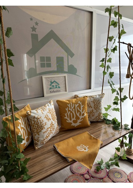 E128-E461 Hardal Beyaz Kırlent Runner 5li Kombin modelleri