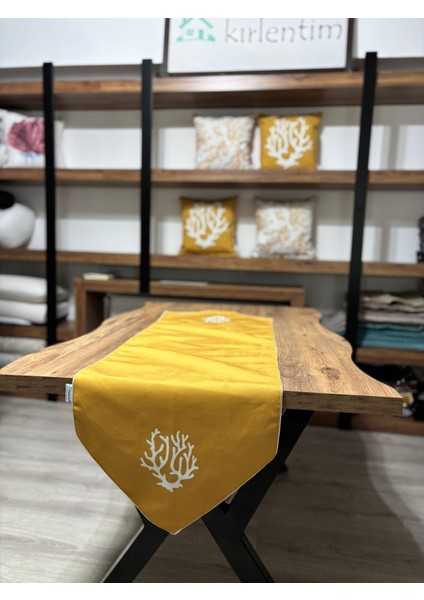 E128-E461 Hardal Beyaz Kırlent Runner 5li Kombin indirimleri