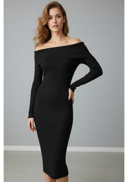 Kadın Siyah Madonna Yaka Uzun Elbise