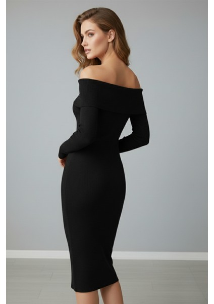 Kadın Siyah Madonna Yaka Uzun Elbise fiyatları