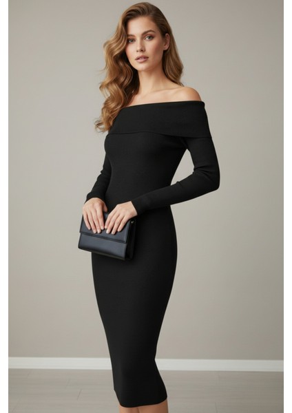 Kadın Siyah Madonna Yaka Uzun Elbise modelleri