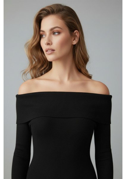 Kadın Siyah Madonna Yaka Uzun Elbise fırsatları