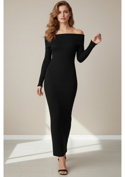 Kadın Siyah Madonna Yaka Uzun Elbise indirimleri
