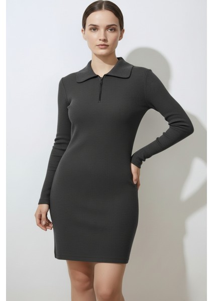Kadın Fermuarlı Polo Yaka Gri Elbise