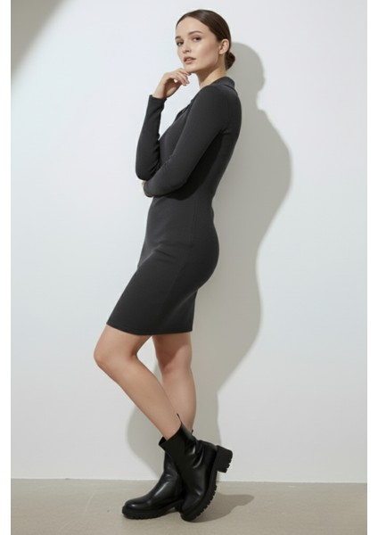 Kadın Fermuarlı Polo Yaka Gri Elbise modelleri