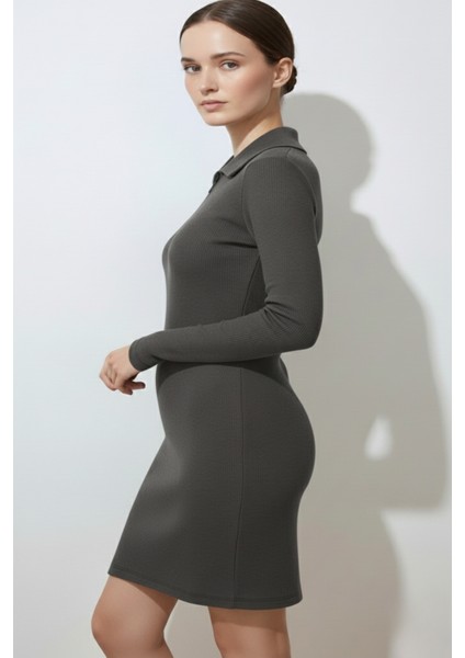 Kadın Fermuarlı Polo Yaka Gri Elbise fırsatları