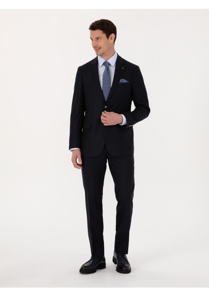 Erkek Koyu Lacivert Slim Fit Yün Karışımlı Mikro Desenli Takım Elbise 50315597-VR100