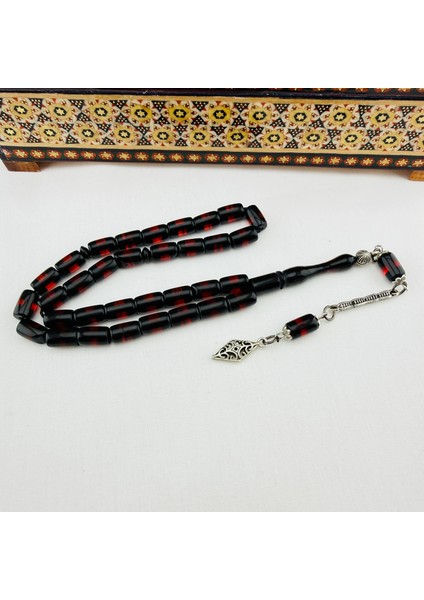 Sürmeli Sıkma Kehribar Kırmızı Renk | Gümüş Dizayn Püsküllü El Yapımı Tespih