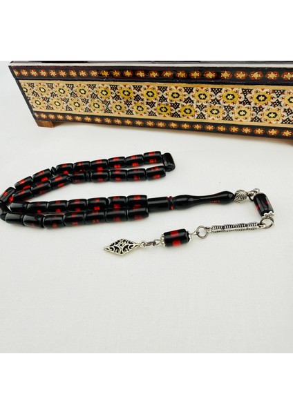 Sürmeli Sıkma Kehribar Kırmızı Renk | Gümüş Dizayn Püsküllü El Yapımı Tespih fiyatları