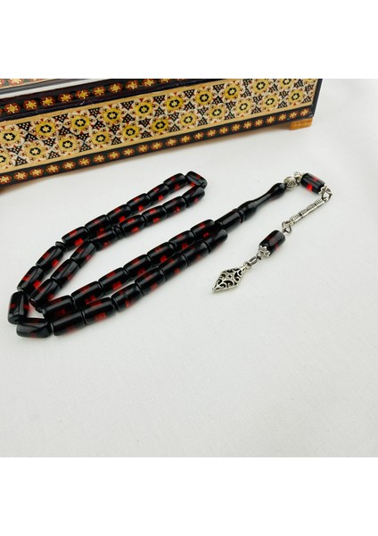 Sürmeli Sıkma Kehribar Kırmızı Renk | Gümüş Dizayn Püsküllü El Yapımı Tespih modelleri