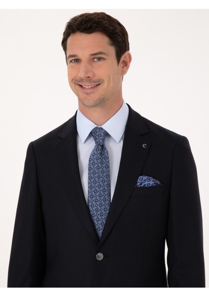 Erkek Koyu Lacivert Slim Fit Yün Karışımlı Mikro Desenli Takım Elbise 50315597-VR100