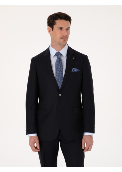 Erkek Koyu Lacivert Slim Fit Yün Karışımlı Mikro Desenli Takım Elbise 50315597-VR100