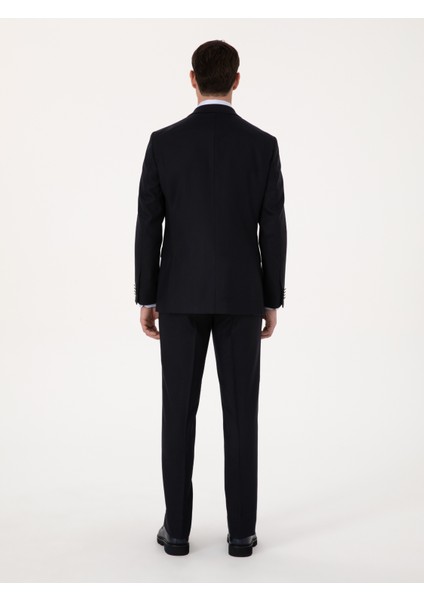 Erkek Koyu Lacivert Slim Fit Yün Karışımlı Mikro Desenli Takım Elbise 50315597-VR100