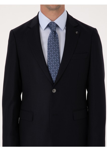 Erkek Koyu Lacivert Slim Fit Yün Karışımlı Mikro Desenli Takım Elbise 50315597-VR100