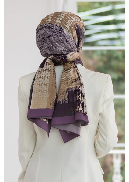 Lüks Medine Ipeği Kazayağı Desenli Lila Renkli 75X195 Kırışmaz Şal Moss Krep Dikiş Tipi Italyan Dikişli