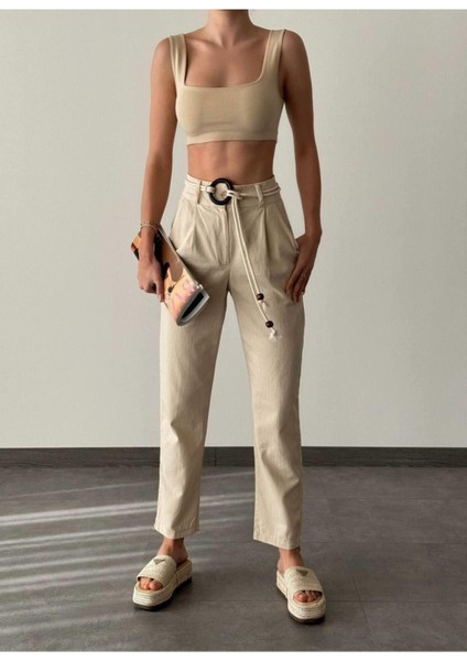 %100 Pamuk Kemerli Keten Dar Paça Kısa Kadın Pantolon
