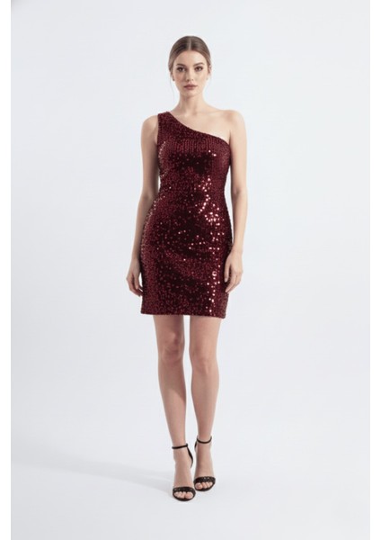 Nicole | Pul Payetli Kadife Tek Omuz Mini Slim Abiye Elbise