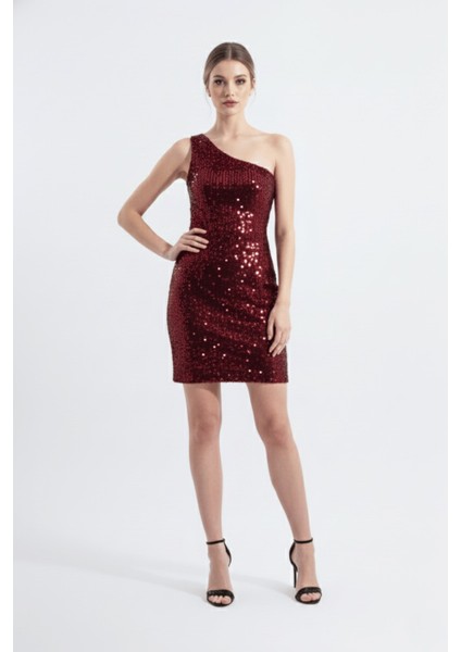 Nicole | Pul Payetli Kadife Tek Omuz Mini Slim Abiye Elbise fiyatları