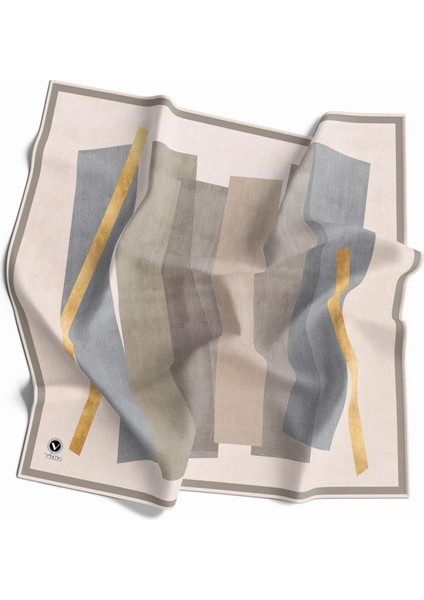 Twill Geometrik Desenli Gri - Bej Renkli 90X90 Eşarp (Ipek Içermez) Kenar Dikiş Şekli El Dikişli