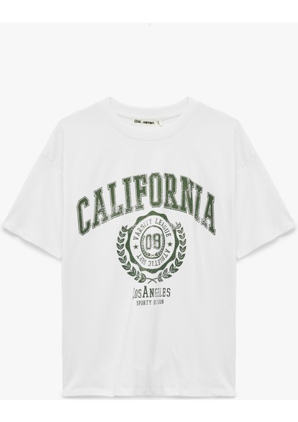 Pamuklu Kısa Kollu Bisiklet Yaka Baskılı Oversize Tişört