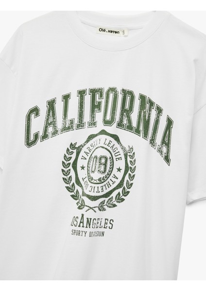 Pamuklu Kısa Kollu Bisiklet Yaka Baskılı Oversize Tişört modelleri