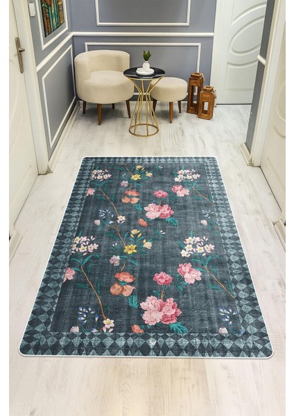 Parlak Kadife Kumaş Dijital Baskı Vintage Desenli Dot Kaymaz Tabanlı Halı H0019