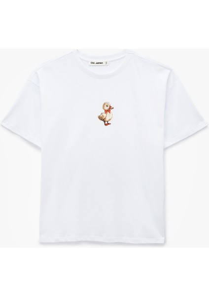Pamuklu Kısa Kollu Bisiklet Yaka Ördek Nakışlı Oversize Tişört