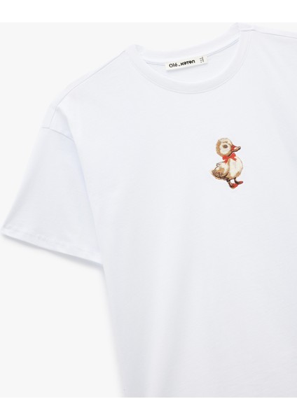 Pamuklu Kısa Kollu Bisiklet Yaka Ördek Nakışlı Oversize Tişört modelleri