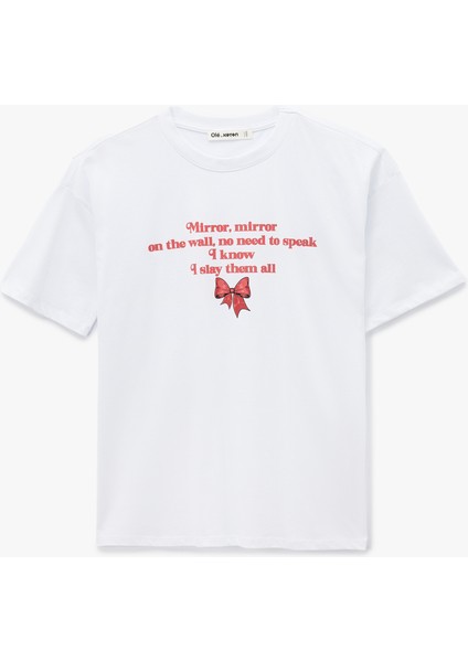 Pamuklu Kısa Kollu Bisiklet Yaka Baskılı Oversize Tişört